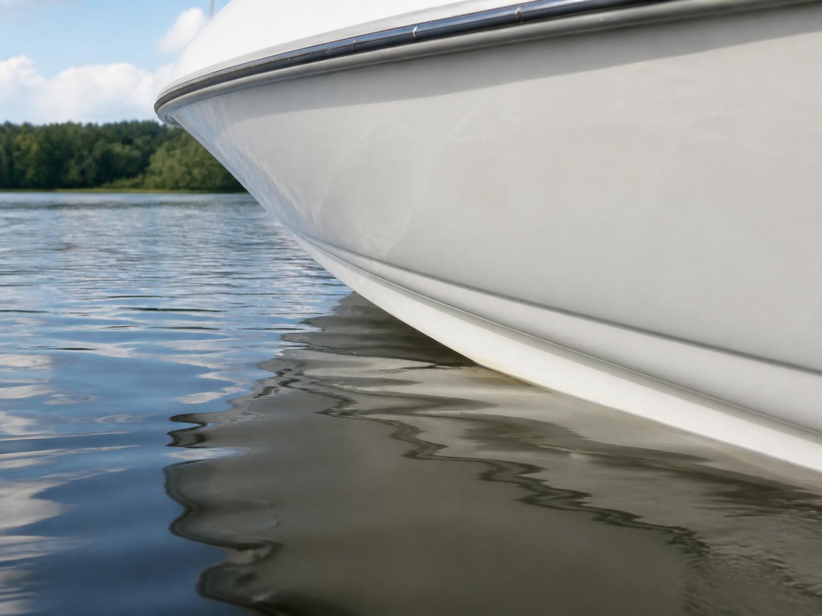 Illustrative close view of a clean gelcoat boat hull at the waterline